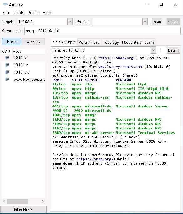 Zenmap service and version scan output